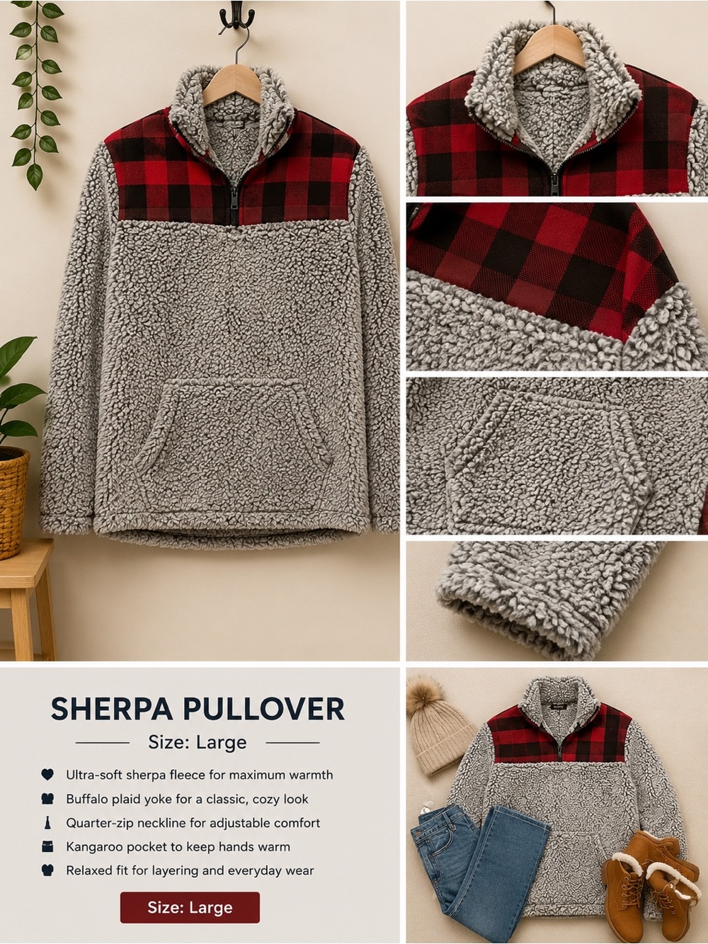 Women’s Sherpa Pullover Fleece with Red Buffalo Plaid Yoke